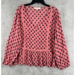 Loft Plus Peplum Blouse Womens 22 Coral Pink Floral Clip Dot Lace Trim Peasant